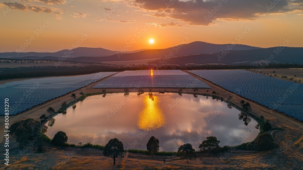 Obraz premium A field of solar panels with the sun setting in the background