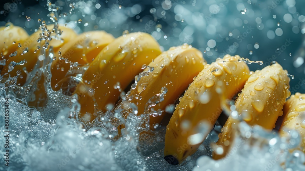   A bunch of bananas atop a table, nearby is water splashing