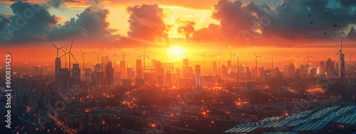 A city skyline with a bright orange sun in the background