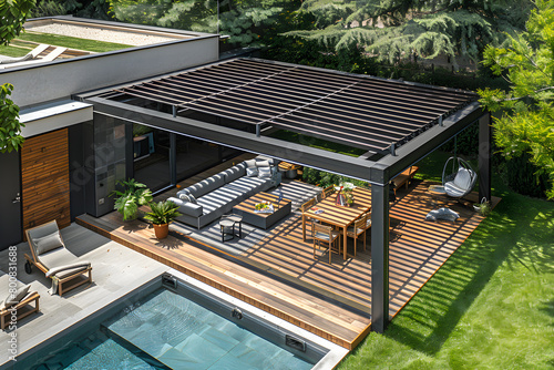Top view of a modern black bio climatic pergola on an outdoor patio with a pool, lounge chairs, and lush greenery in the garden. photo