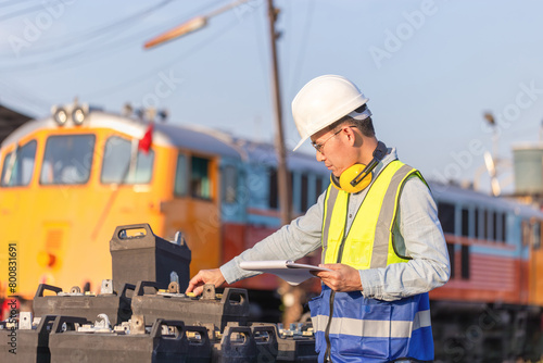 Engineer man in waistcoats and hardhats with documents inspecting construction site, Mechanical worker checking of the battery storage system
