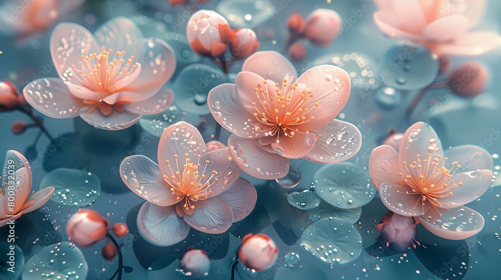   A collection of pink blooms hovering above a water surface, adorned with droplets on their petals