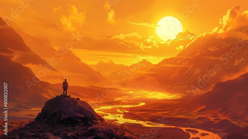 A person standing on a rock outcropping looking at a sunset over a canyon. The sky is orange and the rock formations are dark.