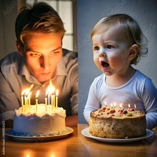 Two kids standing at table with birthday cake