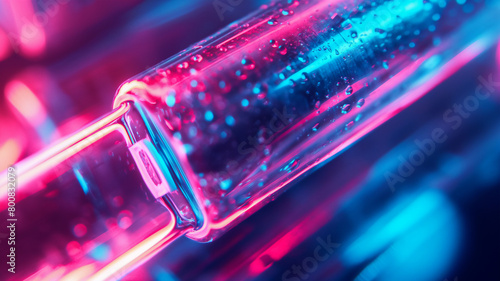 Close-up of a liquid-filled vial with blue and pink neon lights reflecting on it.