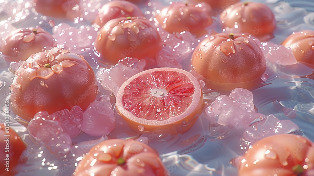A tight shot of a single grapefruit submerged in a pool of water, surrounded by additional floated grapefruits A tight shot of a single grapefruit submerged in a pool of water, surrounded by additional floated grapefruits