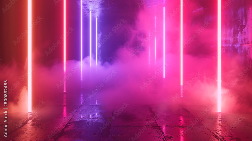 The ethereal beauty of neon tube lights shining through a smoky haze, casting a warm and inviting glow that beckons the viewer to explore further