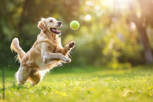 Golden Retriever dog playing with ball on green grass. Generate AI image