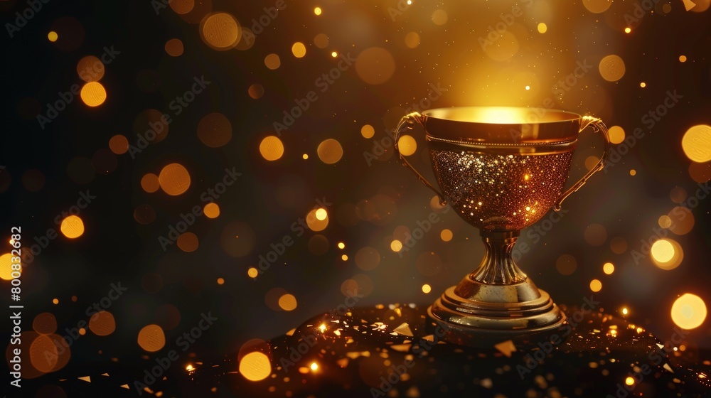 Golden trophy cup on dark background with bokeh light. Generate AI image