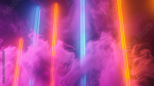 The soft tendrils of smoke swirl around the vivid glow of neon tube lights, creating a mysterious and alluring atmosphere that invites exploration