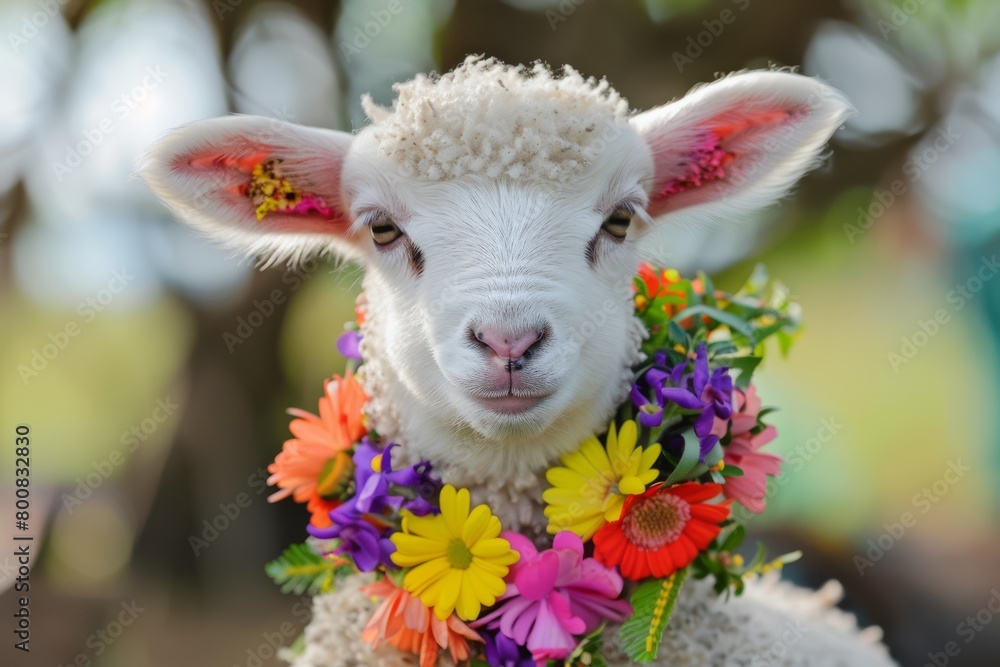 fluffy white lamb with a colorful floral wreath