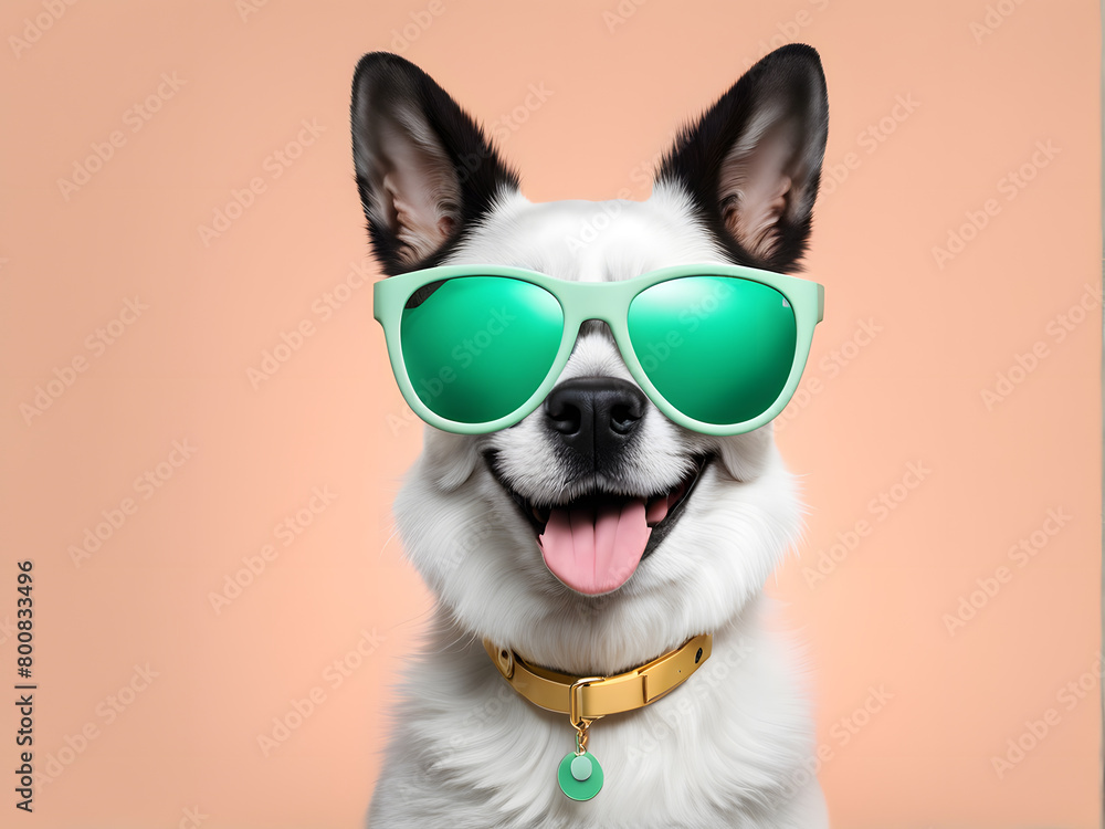 A dog wearing sunglasses and a gold collar