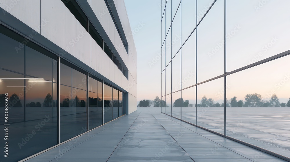 Minimalistic office building front facade, captured in a long shot, bathed in natural daylight, creates a serene and modern architectural composition