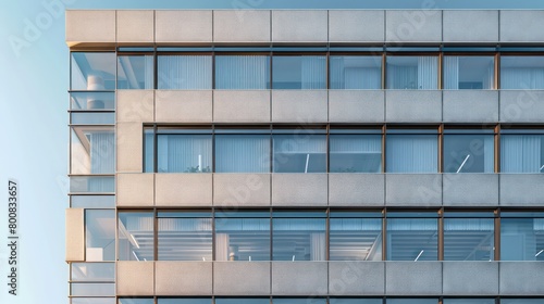 Minimalistic office building front facade, captured in a long shot, bathed in natural daylight, creates a serene and modern architectural composition