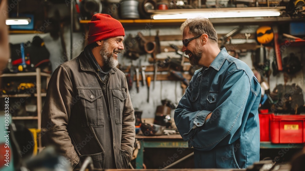 Two men are talking in a workshop. One of them is wearing a red hat. Scene is lighthearted and friendly Two men are talking in a workshop. One of them is wearing a red hat. Scene is lighthearted and friendly