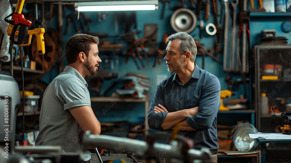 Two men are talking in a workshop. One of them is wearing a gray shirt. The other man is wearing a blue shirt Two men are talking in a workshop. One of them is wearing a gray shirt. The other man is wearing a blue shirt
