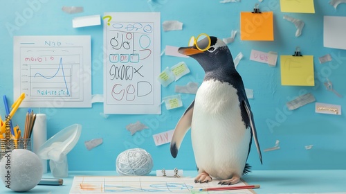 A penguin wearing sunglasses is standing in front of a wall covered in papers and notes. The penguin appears to be a teacher or a student, as it is surrounded by various papers and notes photo