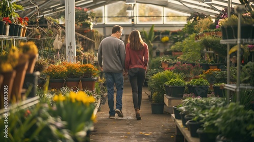 A couple walks through a greenhouse filled with plants. The man is wearing a gray sweater and the woman is wearing a red shirt