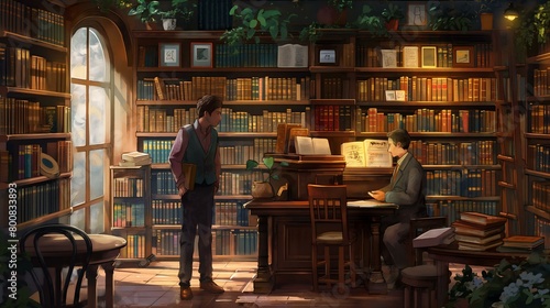 A man and a woman are standing in a library. The man is holding a book and the woman is looking at him. The library is filled with books and has a cozy atmosphere