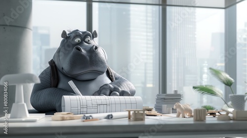 A cartoonish looking elephant sits at a desk with a piece of paper in front of him. The elephant appears to be deep in thought, possibly working on a project or solving a problem photo