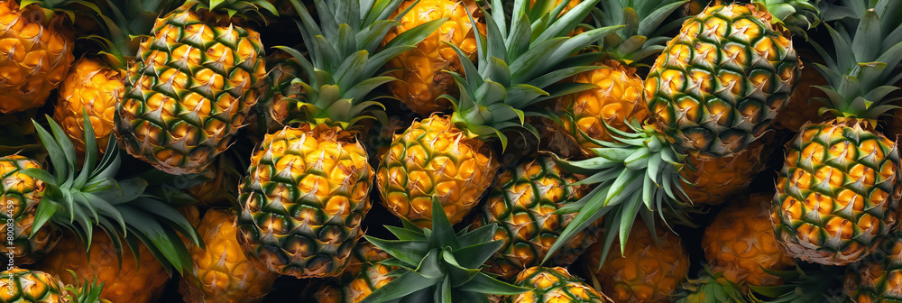A full frame of pineapples presents a textural landscape of the tropical fruit's distinctive skin and crown A full frame of pineapples presents a textural landscape of the tropical fruit's distinctive skin and crown