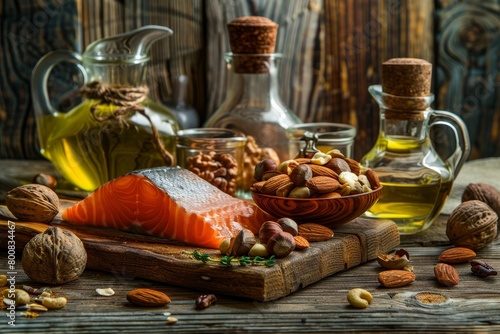 Choose omega 3 and unsaturated fat rich foods Superfoods with vitamin E and fiber for a healthy diet Almonds pecans hazelnuts walnuts olive oil fish oil and salm photo