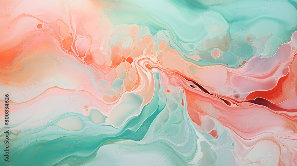 Fototapeta premium Digital coral and mint green watercolor marble abstract graphic poster background