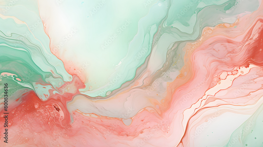Fototapeta premium Digital coral and mint green watercolor marble abstract graphic poster background