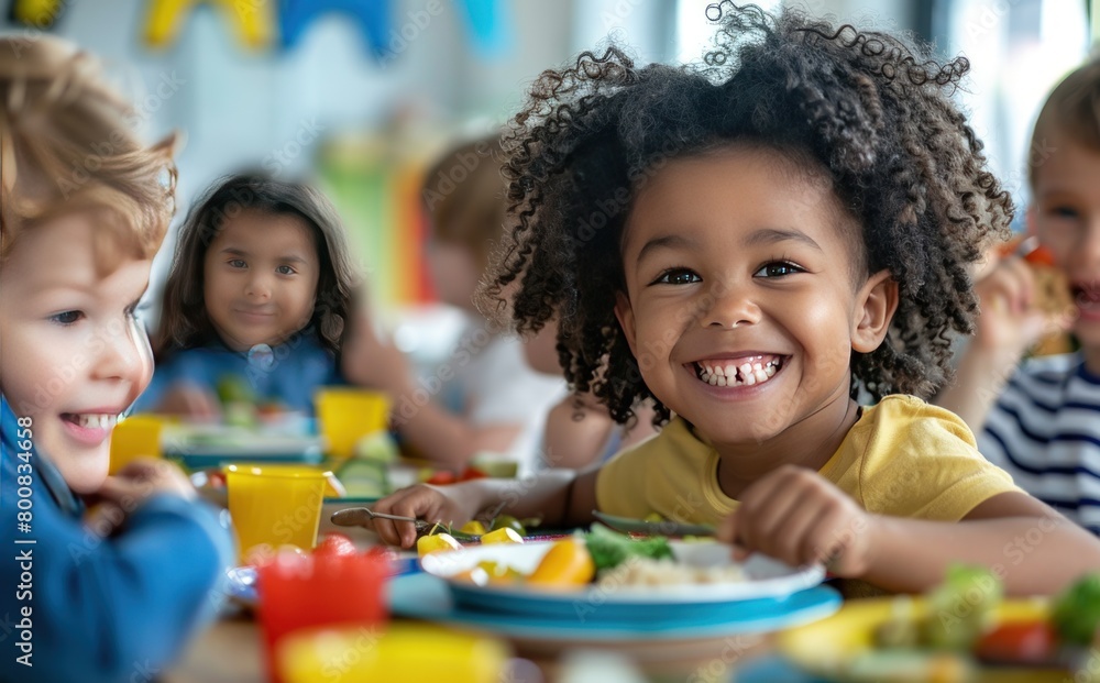 Happy Multiethnic children eating healthy food at a school. Generate AI image Happy Multiethnic children eating healthy food at a school. Generate AI image