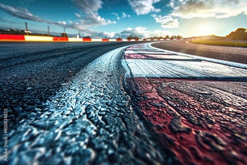 Asphalt of the international race track with a race car at the start. Racer on a racing car passes the track. photo