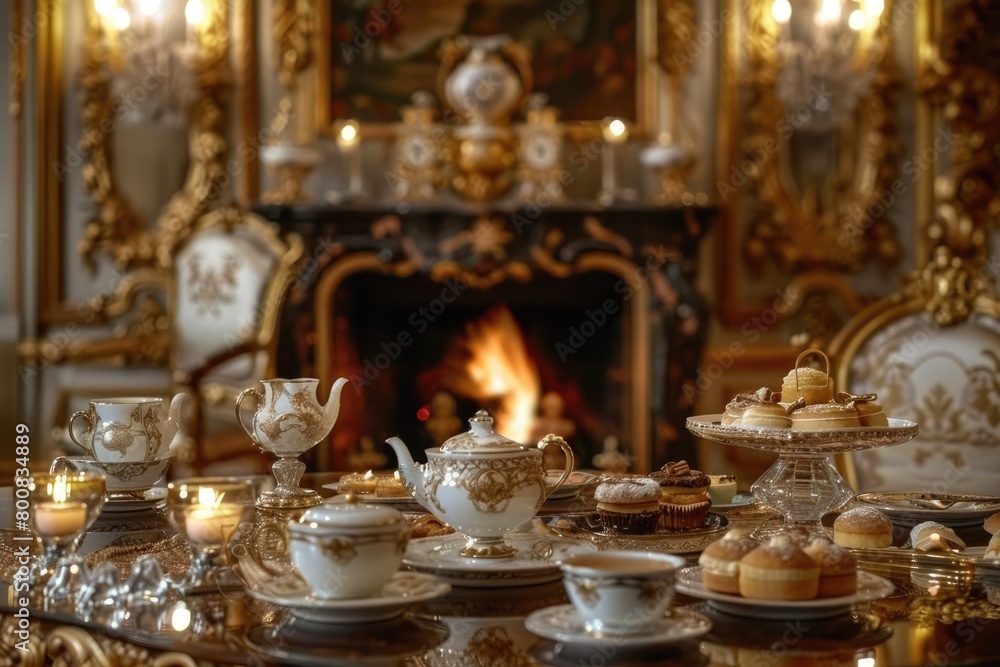 An opulent afternoon tea setting with pastries in a room adorned with golden decor, near a grand fireplace