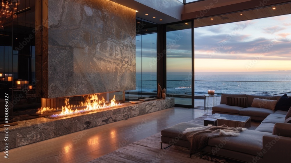 Obraz premium A luxurious fireplace with sleek marble accents adds a touch of elegance to the room with sweeping views of the ocean just outside. 2d flat cartoon.