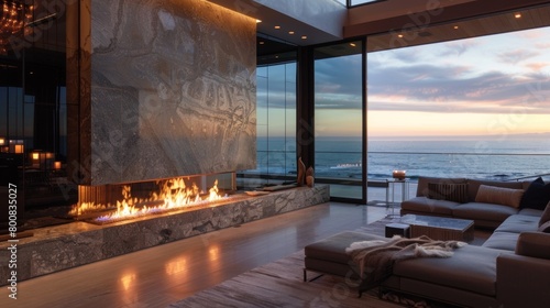 A luxurious fireplace with sleek marble accents adds a touch of elegance to the room with sweeping views of the ocean just outside. 2d flat cartoon.