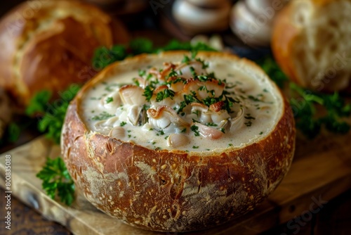 Clam chowder in bread bowl with parsley photo