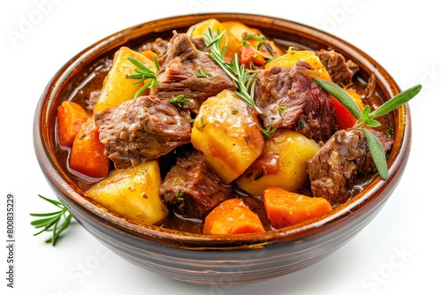 Classic Irish stew with beef potatoes carrots and herbs St Patrick s Day favorite White background