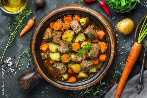 Classic Irish stew with beef potatoes carrots and herbs Traditional St Patrick s Day meal Overhead shot