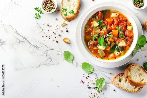 Classic Italian vegan minestrone soup on white marble with toast and herbs internet banner with space