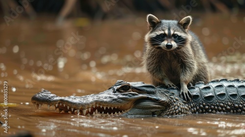 Raccoon standing on crocodile in the river photo