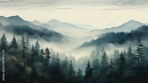Misty forest with dare trees and rocks. Minimalistic scenery landscape. Generative AI 
