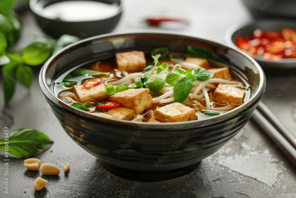 Clear image of Pho with tofu in bowl sharp focus Clear image of Pho with tofu in bowl sharp focus