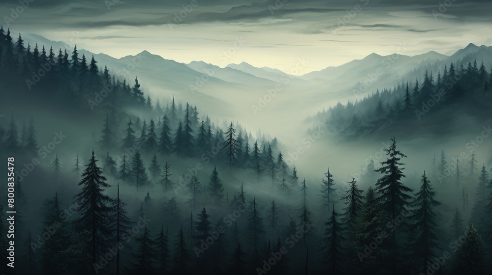 Misty forest with dare trees and rocks. Minimalistic scenery landscape. Generative AI
