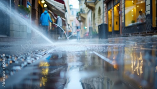 Cleaning street floors using pressure water jets outdoors