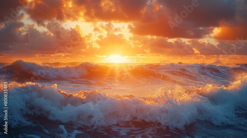 The sun is setting over the ocean  casting a warm glow on the water