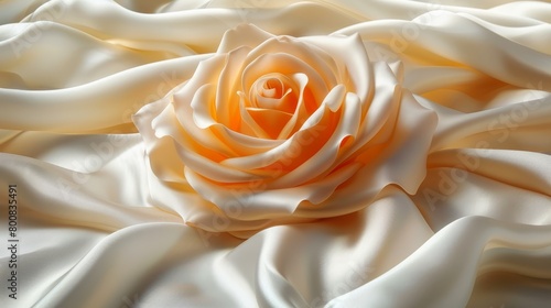   A white and orange rose in close-up  set against a pristine white satin backdrop Soft focus highlights the rose s center