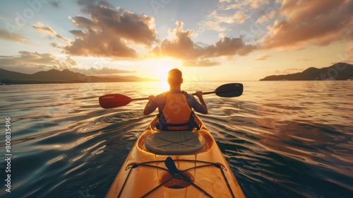 Rear view of kayaker man paddle kayak at sunset. Having fun in leisure activity. © Oulaphone