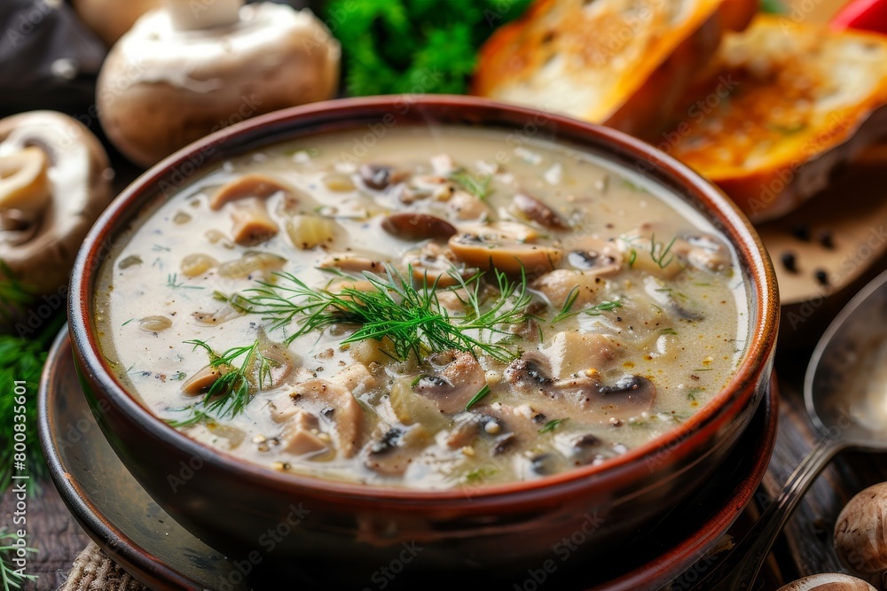 Close up horizontal photo of homemade Hungarian mushroom soup with dill and toast on table