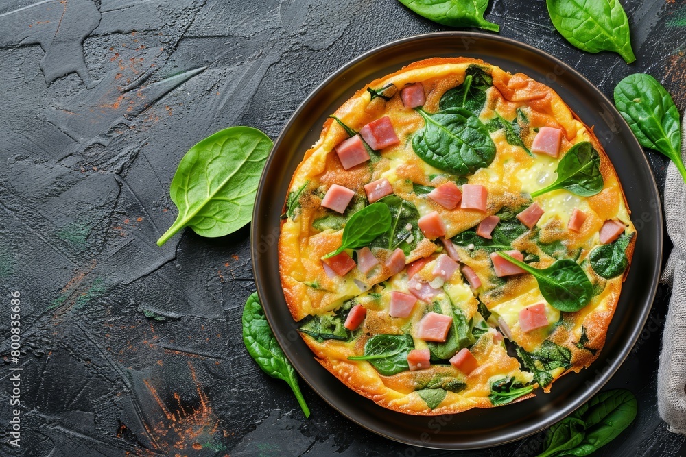 Close up horizontal view of a delicious frittata with spinach ham and cheese on a plate on the table Close up horizontal view of a delicious frittata with spinach ham and cheese on a plate on the table