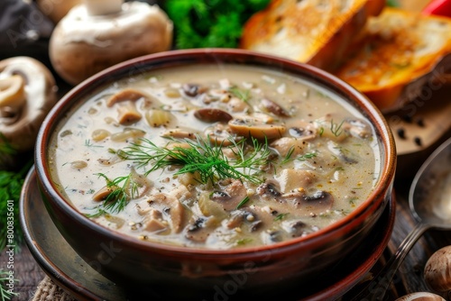 Close up horizontal photo of homemade Hungarian mushroom soup with dill and toast on table