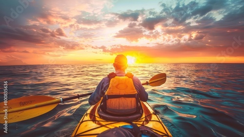 Rear view of kayaker man paddle kayak at sunset. Having fun in leisure activity. © Oulaphone
