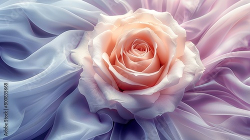  A large white rose with a pink center; encircled by blue and white satin fabric
